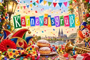 Bunte Buchstaben bilden "Karnevalsgrüße" über Berlinern, einer Narrenkappe und einer Trompete vor dem Kölner Dom.