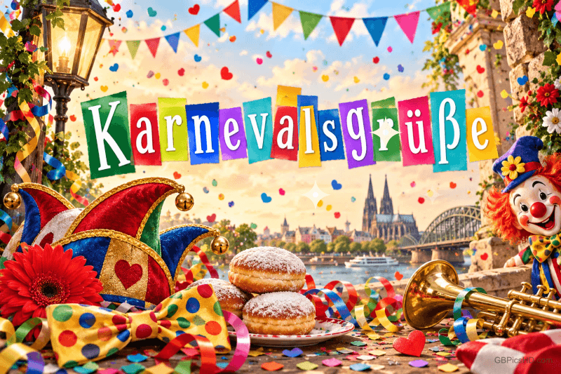 Bunte Buchstaben bilden "Karnevalsgrüße" über Berlinern, einer Narrenkappe und einer Trompete vor dem Kölner Dom.