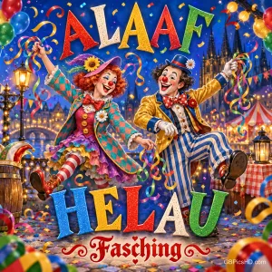 Zwei bunt gekleidete Clowns tanzen zwischen Konfetti und Luftschlangen vor dem Schriftzug "ALAAF HELAU Fasching".