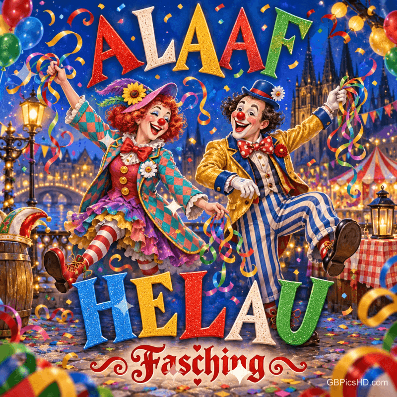Zwei bunt gekleidete Clowns tanzen zwischen Konfetti und Luftschlangen vor dem Schriftzug "ALAAF HELAU Fasching".