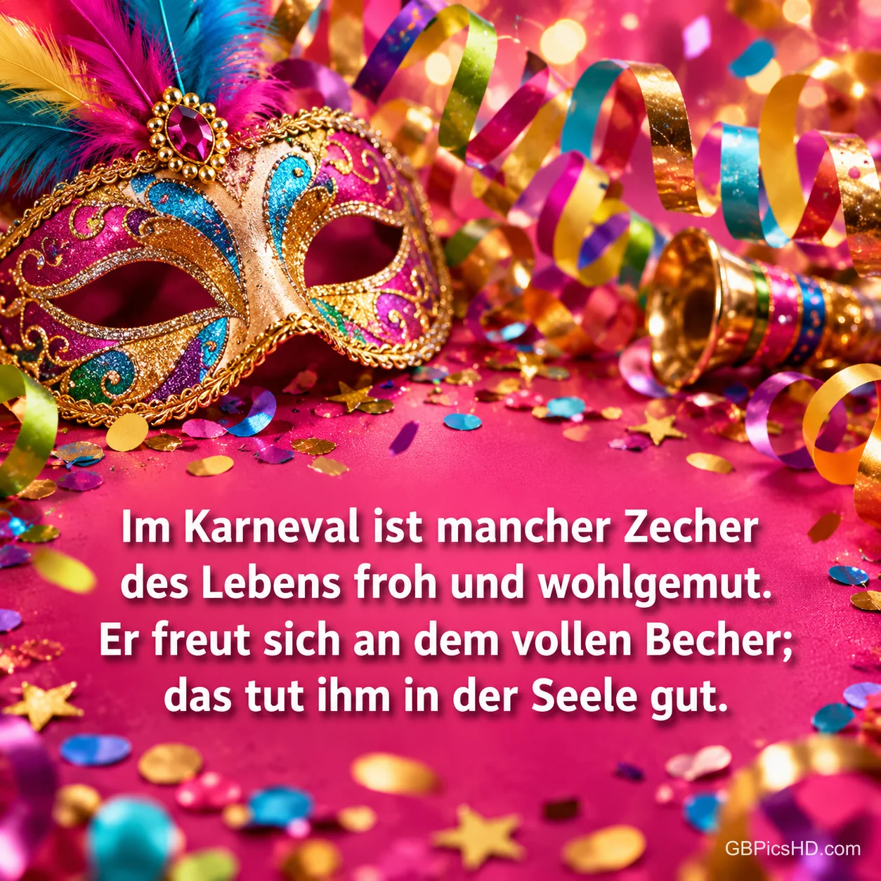Bei der Maske steht "Im Karneval ist mancher Zecher des Lebens froh und wohlgemut. Er freut sich an dem vollen Becher; das tut ihm in der Seele gut.".