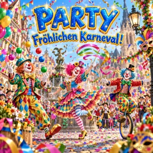 Drei Clowns feiern auf einem geschmückten Platz, einer fährt Einrad; darüber steht "PARTY Fröhlichen Karneval!".