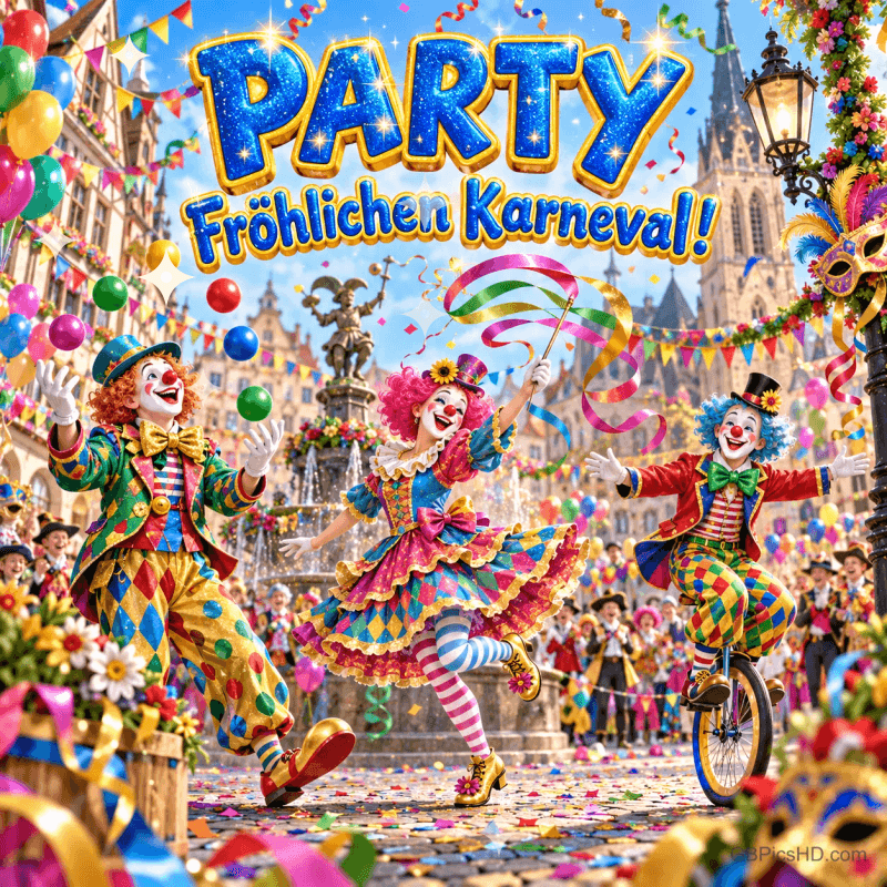 Drei Clowns feiern auf einem geschmückten Platz, einer fährt Einrad; darüber steht "PARTY Fröhlichen Karneval!".