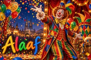Ein Clown mit buntem Kostüm und Federhut breitet zwischen Ballons und Konfetti die Arme aus; daneben steht "Alaaf".