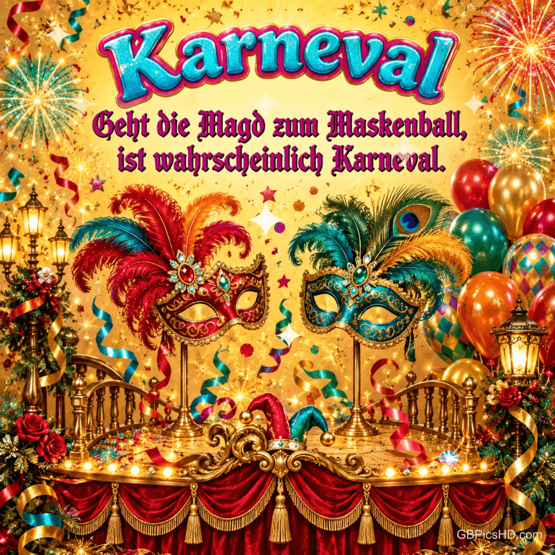 Zwei Federmasken stehen vor goldenem Festschmuck unter "Karneval Geht die Magd zum Maskenball, ist wahrscheinlich Karneval.".
