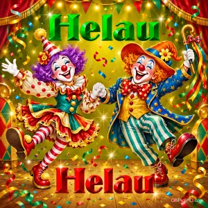 Zwei lachende Clowns tanzen Hand in Hand unter Lichtern und Konfetti, eingerahmt von "Helau Helau".