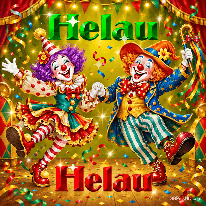 Zwei lachende Clowns tanzen Hand in Hand unter Lichtern und Konfetti, eingerahmt von "Helau Helau".