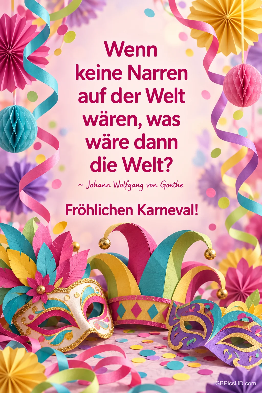 Über Masken und Narrenkappe steht "Wenn keine Narren auf der Welt wären, was wäre dann die Welt? ~ Johann Wolfgang von Goethe Fröhlichen Karneval!".