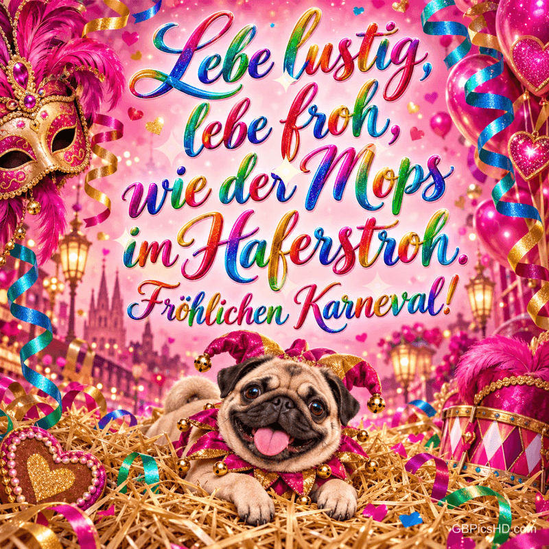 Ein Mops mit Narrenkappe liegt im Stroh unter "Lebe lustig, lebe froh, wie der Mops im Haferstroh. Fröhlichen Karneval!".