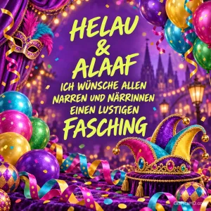 Maske, Ballons und Narrenkappe mit "Helau & Alaaf Ich wünsche allen Narren und Närrinnen einen lustigen Fasching".