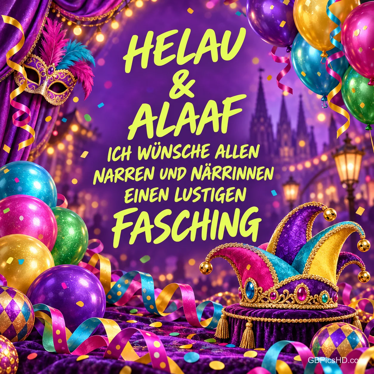 Maske, Ballons und Narrenkappe mit "Helau & Alaaf Ich wünsche allen Narren und Närrinnen einen lustigen Fasching".