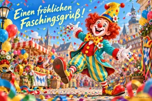 Ein Clown tanzt zwischen Konfetti und Ballons auf einem Festplatz mit "Einen fröhlichen Faschingsgruß!".