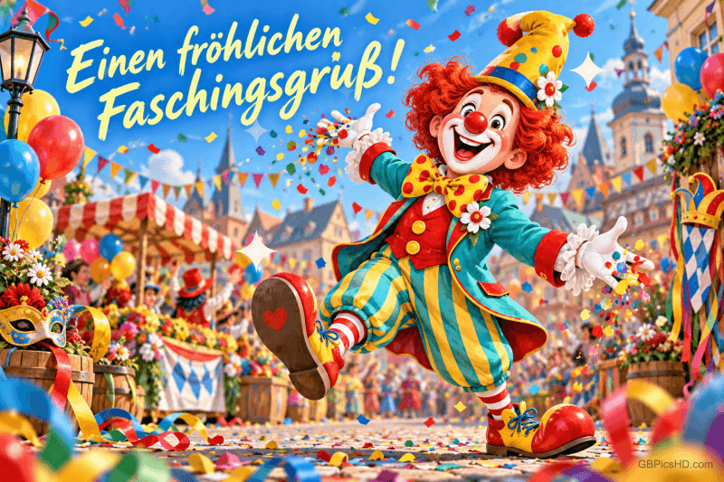Ein Clown tanzt zwischen Konfetti und Ballons auf einem Festplatz mit "Einen fröhlichen Faschingsgruß!".