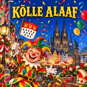 Ein lachender Narr mit Kölner Flagge steht vor dem Dom, umgeben von Konfetti und Ballons, mit "KÖLLE ALAAF".