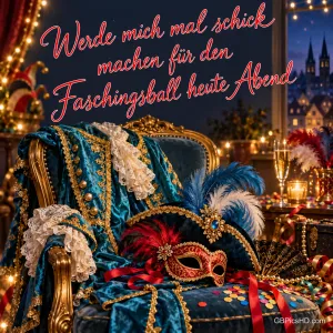 Kostüm und Maske liegen auf einem Sessel: "Werde mich mal schick machen für den Faschingsball heute Abend".
