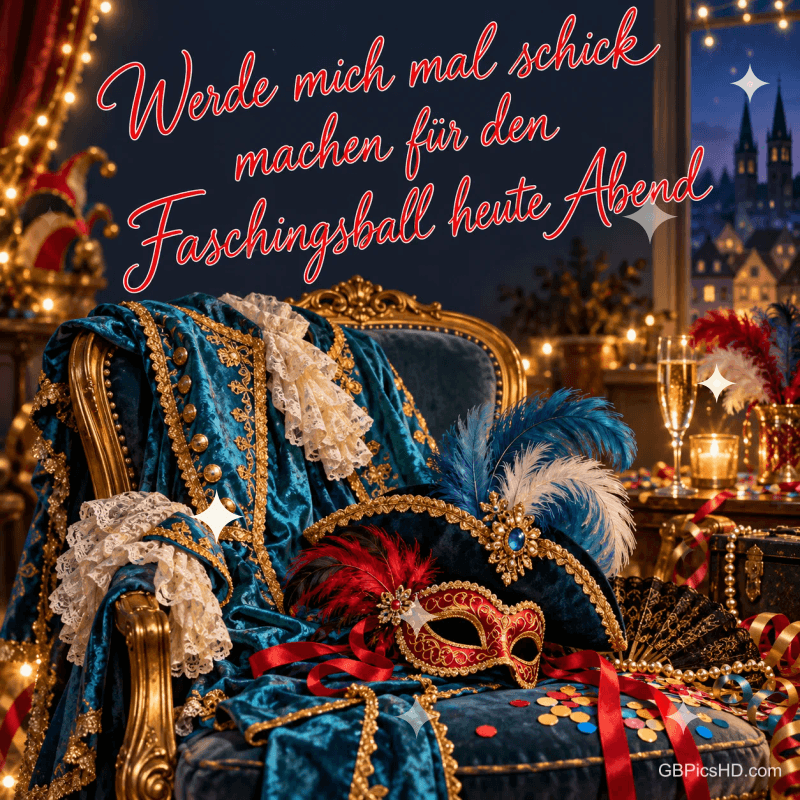 Kostüm und Maske liegen auf einem Sessel: "Werde mich mal schick machen für den Faschingsball heute Abend".