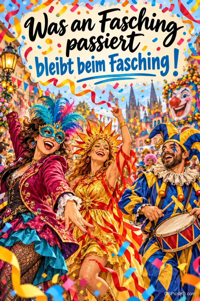 Zwei kostümierte Frauen und ein Narr mit Trommel feiern unter Konfetti mit "Was an Fasching passiert, bleibt beim Fasching!".