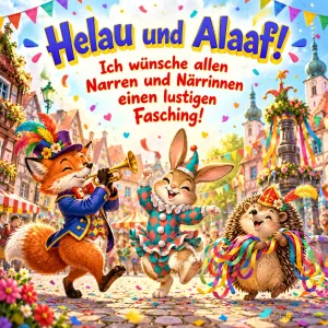 Fuchs, Hase und Igel feiern kostümiert mit "Helau und Alaaf! Ich wünsche allen Narren und Närrinnen einen lustigen Fasching!".