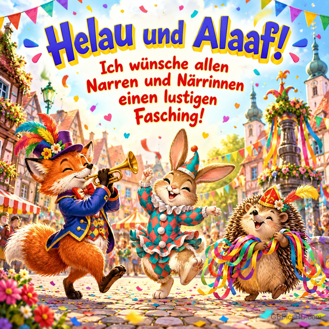 Fuchs, Hase und Igel feiern kostümiert mit "Helau und Alaaf! Ich wünsche allen Narren und Närrinnen einen lustigen Fasching!".