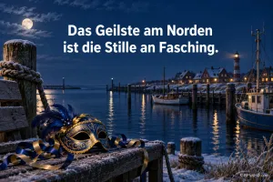 Eine Maske liegt am verschneiten Hafen bei Mondschein mit "Das Geilste am Norden ist die Stille an Fasching.".