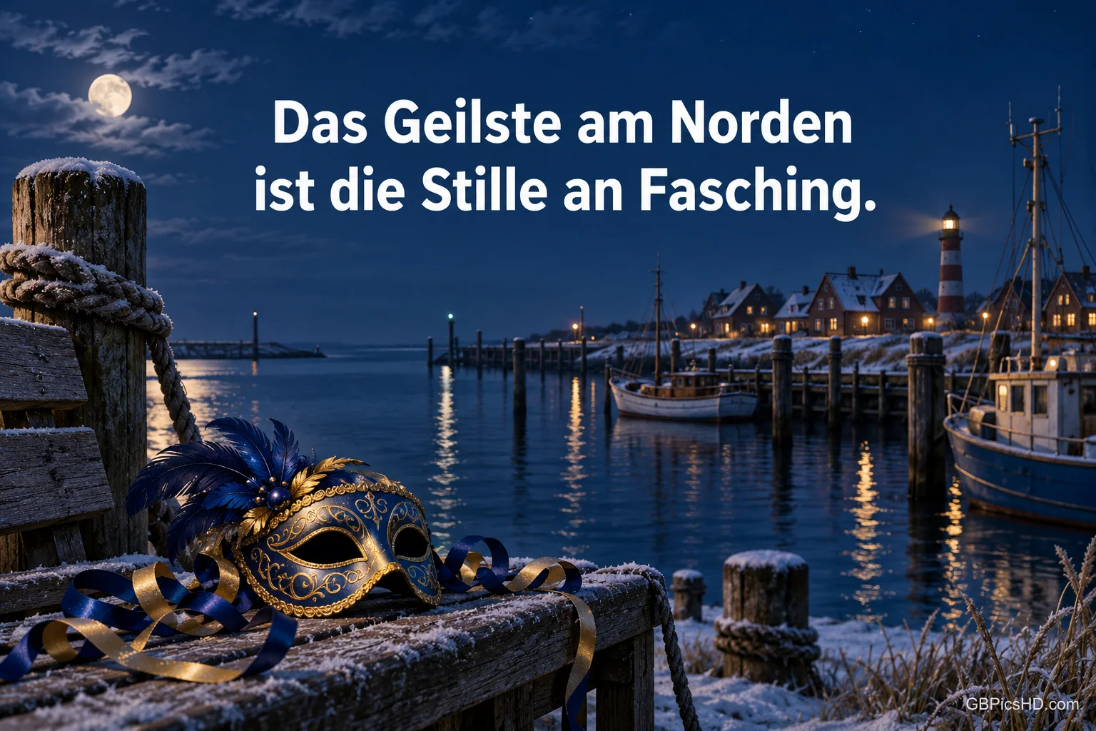 Eine Maske liegt am verschneiten Hafen bei Mondschein mit "Das Geilste am Norden ist die Stille an Fasching.".