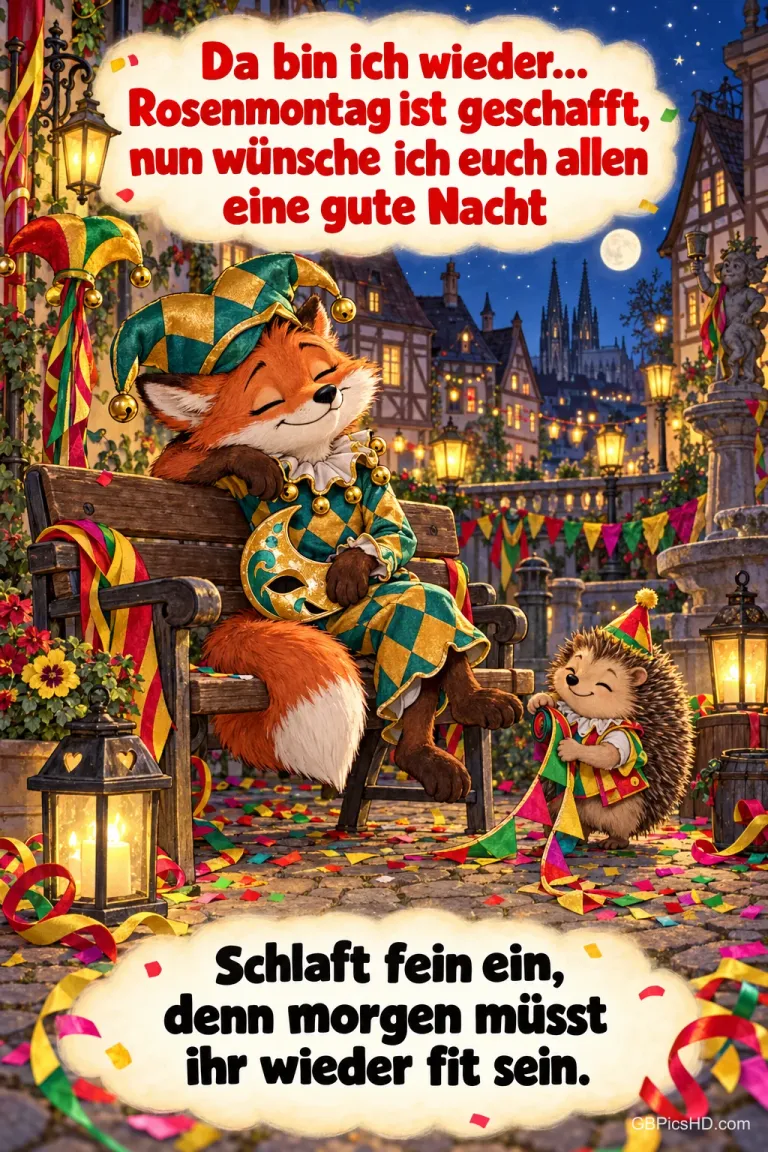 Ein müder Fuchs im Narrenkostüm sitzt neben einem Igel auf einer nächtlichen Gasse mit dem Gruß "nun wünsche ich euch allen eine gute Nacht".