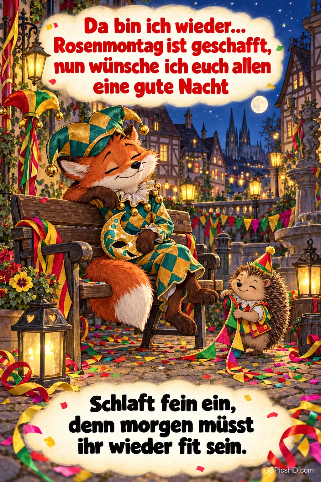 Ein müder Fuchs im Narrenkostüm sitzt neben einem Igel auf einer nächtlichen Gasse mit dem Gruß "nun wünsche ich euch allen eine gute Nacht". Ein müder Fuchs im Narrenkostüm sitzt neben einem Igel auf einer nächtlichen Gasse mit dem Gruß "nun wünsche ich euch allen eine gute Nacht".