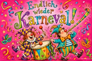 Zwei gezeichnete Narren mit roten Nasen und einer langen Tröte unter "Endlich wieder Karneval!".