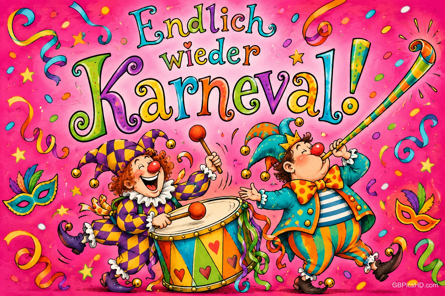 Zwei gezeichnete Narren mit roten Nasen und einer langen Tröte unter "Endlich wieder Karneval!".
