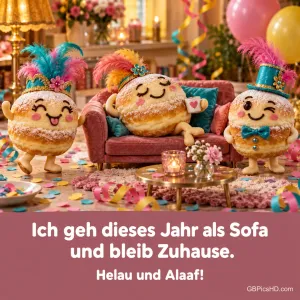 Drei Berliner mit Augen und Partyhüten stehen im Konfetti über "Ich geh dieses Jahr als Sofa und bleib zuhause.".