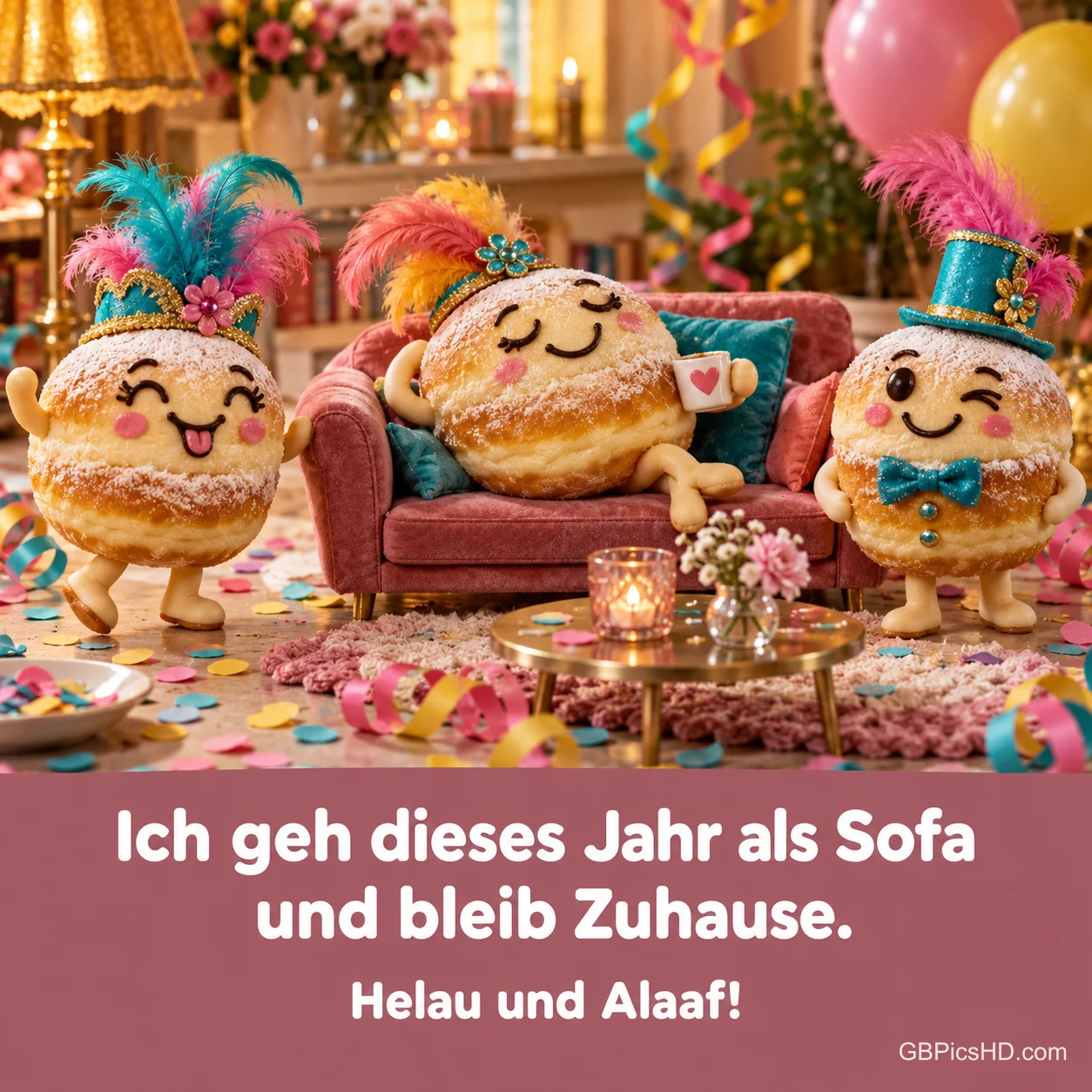 Drei Berliner mit Augen und Partyhüten stehen im Konfetti über "Ich geh dieses Jahr als Sofa und bleib zuhause.".