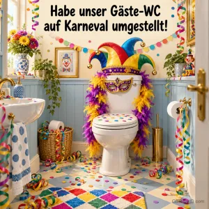 Eine Toilette mit Narrenkappe, Maske und Federboa steht unter "Habe unser Gäste-WC auf Karneval umgestellt!".