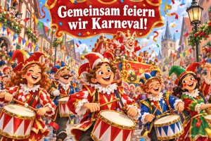 Fröhliche Narren trommeln beim Karnevalsumzug in einer bunten Altstadt unter dem Gruß "Gemeinsam feiern wir Karneval!".