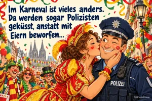 Eine Närrin küsst einen Polizisten: "Im Karneval ist vieles anders. Da werden sogar Polizisten geküsst, anstatt mit Eiern beworfen...".