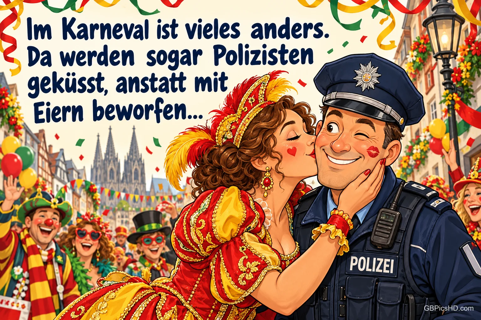Eine Närrin küsst einen Polizisten: "Im Karneval ist vieles anders. Da werden sogar Polizisten geküsst, anstatt mit Eiern beworfen...".