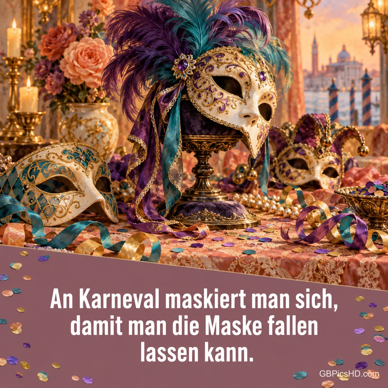 Prunkvolle Masken stehen auf einem Festtisch: "An Karneval maskiert man sich, damit man die Maske fallen lassen kann.".
