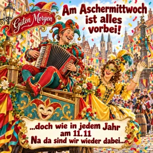 Narr mit Akkordeon und Maskierte: "Guten Morgen Am Aschermittwoch ist alles vorbei! ...doch wie in jedem Jahr am 11.11. Na da sind wir wieder dabei...".