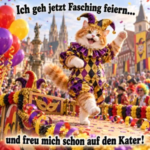 Eine Katze im Narrenkostüm tanzt auf einem Festwagen: "Ich geh jetzt Fasching feiern... und freu mich schon auf den Kater!"
