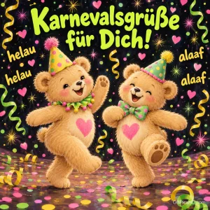 Zwei Bären mit Partyhüten und Herzen auf dem Bauch: "Karnevalsgrüße für dich! Helau helau Alaaf alaaf".