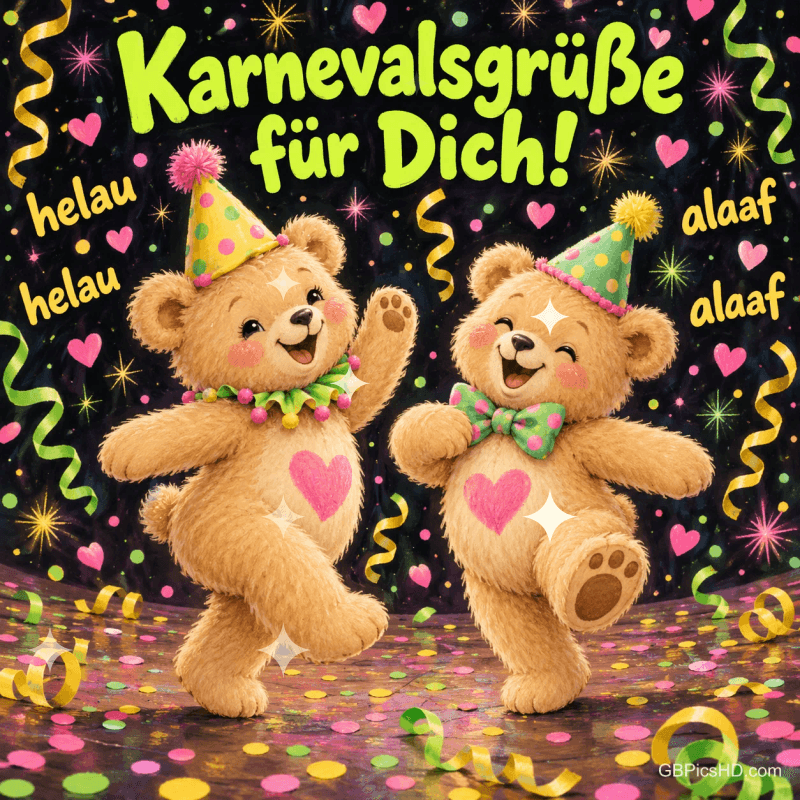 Zwei Bären mit Partyhüten und Herzen auf dem Bauch: "Karnevalsgrüße für dich! Helau helau Alaaf alaaf".