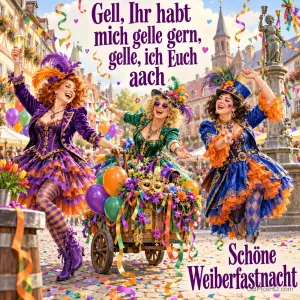Drei Frauen in bunten Kostümen neben einem Blumenwagen: "Gell, ihr habt mich gelle gern, gelle, ich euch aach Schöne Weiberfastnacht".