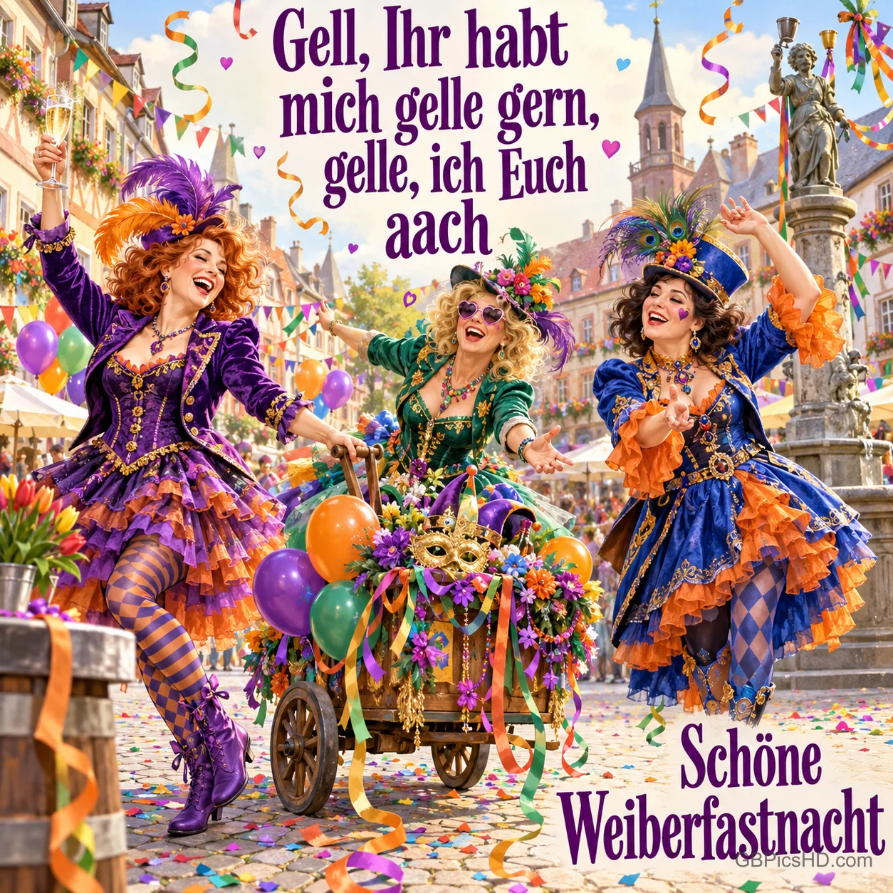 Drei Frauen in bunten Kostümen neben einem Blumenwagen: "Gell, ihr habt mich gelle gern, gelle, ich euch aach Schöne Weiberfastnacht".