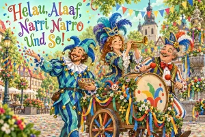 Drei Narren mit Trompete, Trommel und Konfetti auf einem geschmückten Platz: "Helau, Alaaf, Narri, Narro und so!"