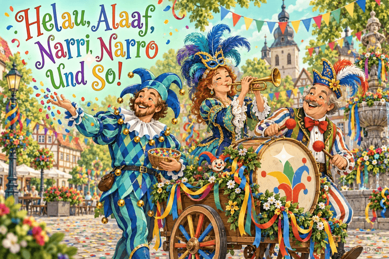 Drei Narren mit Trompete, Trommel und Konfetti auf einem geschmückten Platz: "Helau, Alaaf, Narri, Narro und so!"