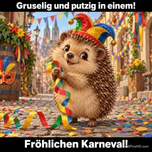 Ein Igel mit Narrenkappe hält Luftschlangen in einer bunten Gasse: "Gruselig und putzig in einem! Fröhlichen Karneval!".