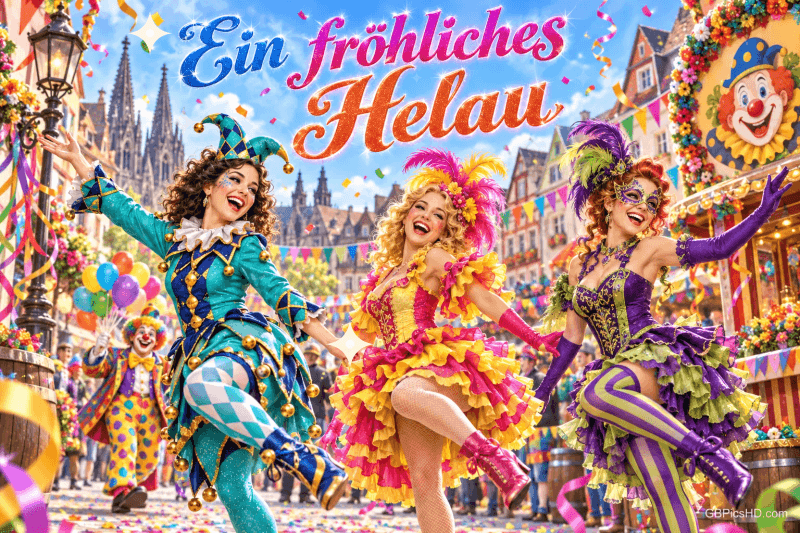 Drei verkleidete Frauen heben die Beine, umrahmt von Clowns, Luftschlangen und Partyhüten: "Ein fröhliches Helau".