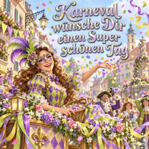 Eine maskierte Frau im lila-grünen Kostüm wirft Konfetti von einem Blumenwagen: "Karneval wünsche dir einen superschönen Tag".