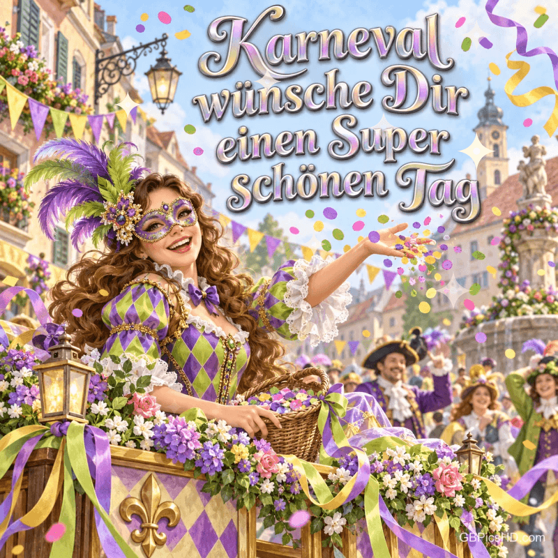 Eine maskierte Frau im lila-grünen Kostüm wirft Konfetti von einem Blumenwagen: "Karneval wünsche dir einen superschönen Tag".