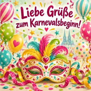 Ein gestreifter Ballon, bunte Sterne und Konfetti schmücken die Karte: "Liebe Grüße zum Karnevalsbeginn!"