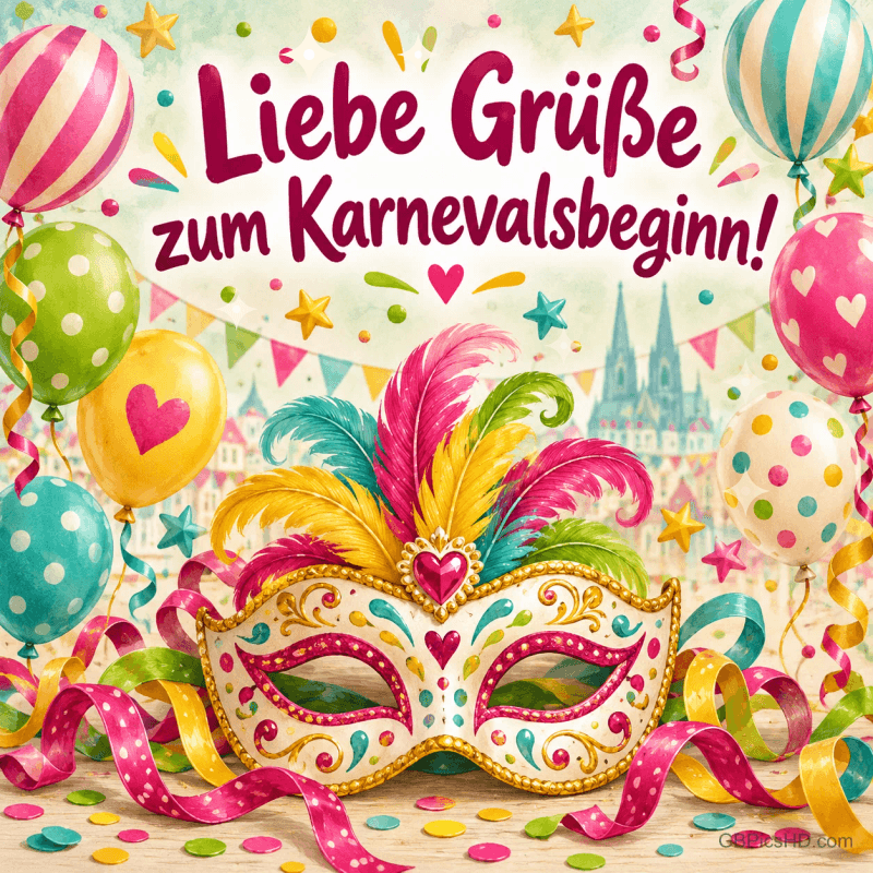 Ein gestreifter Ballon, bunte Sterne und Konfetti schmücken die Karte: "Liebe Grüße zum Karnevalsbeginn!"